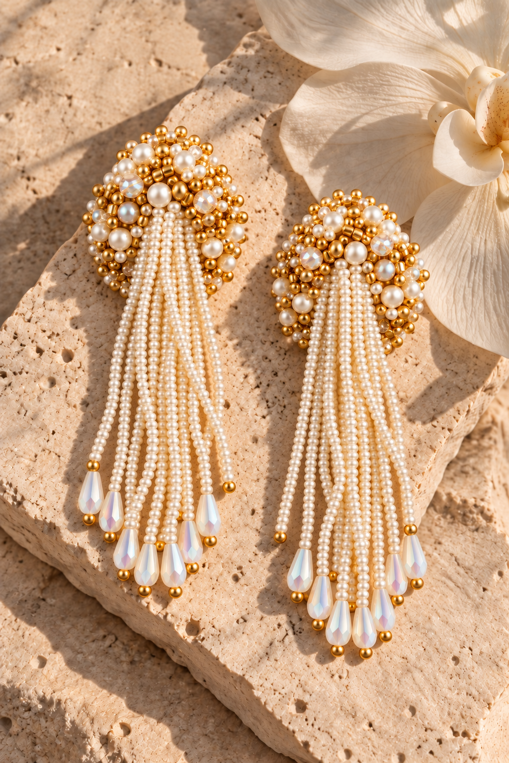  Aretes Lluvia en color Dorado y beige, bordados a mano con mostacillas, canutillos y cristales 