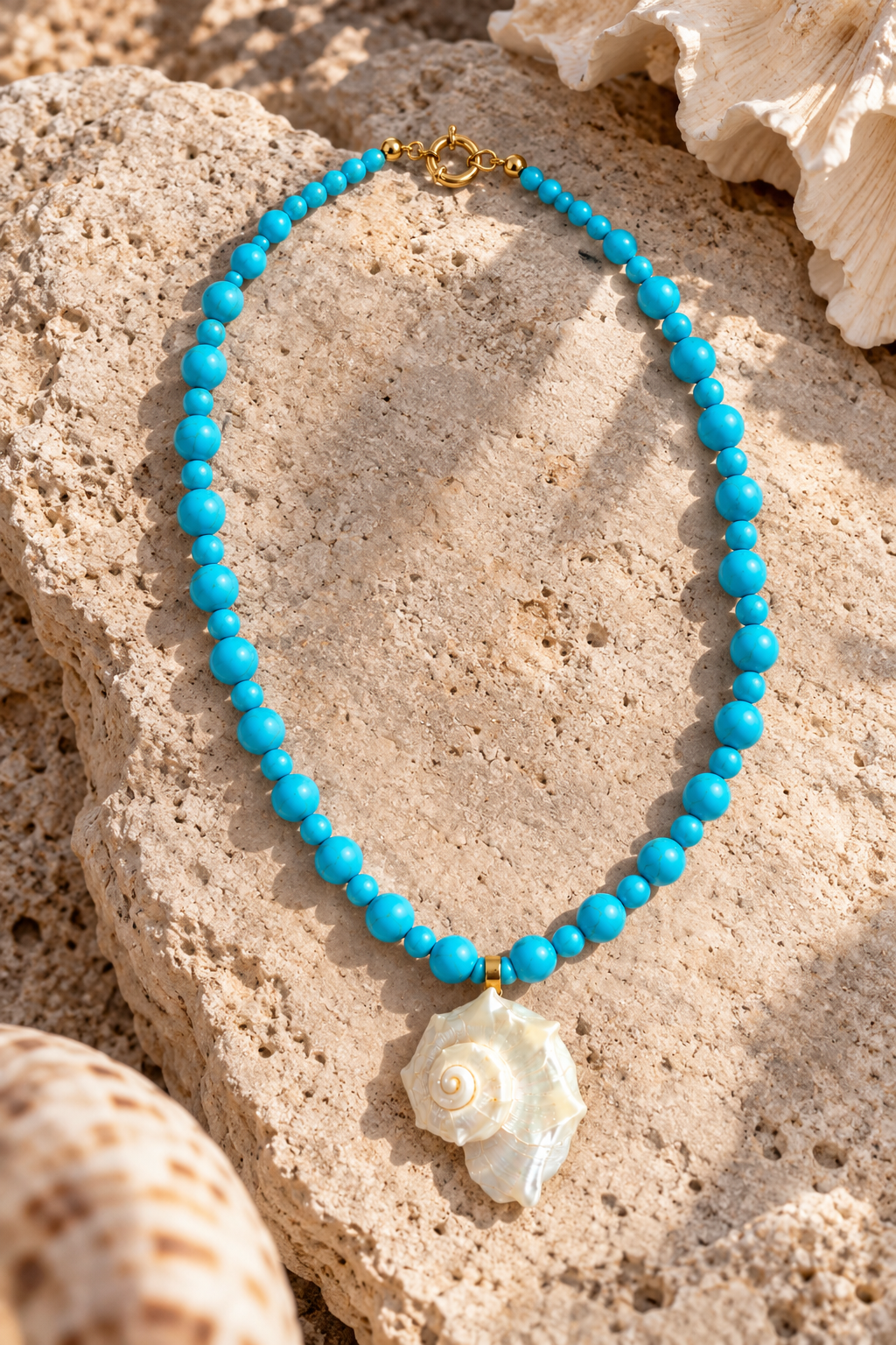 Collar Caracol Turquesa de cuentas azules con dije de caracol nacarado y broche dorado sobre piedra beige.