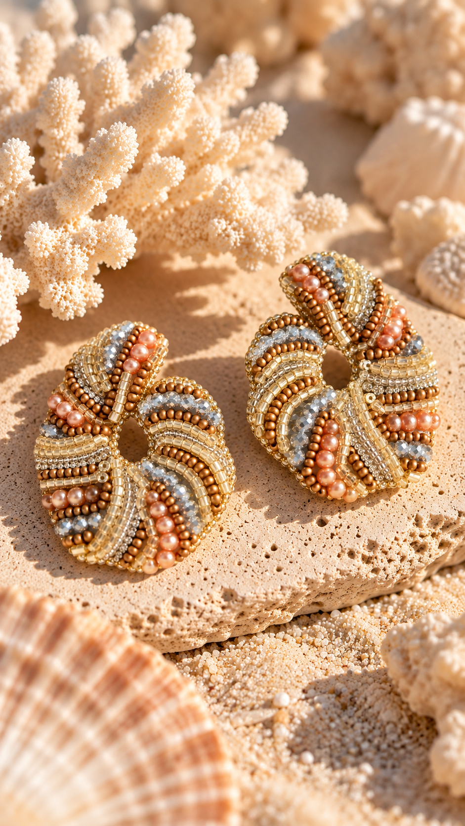 Aretes Orion en mezcla de color Dorado y Plateado bordados a mano con cristales, mostacillas y canutillos 