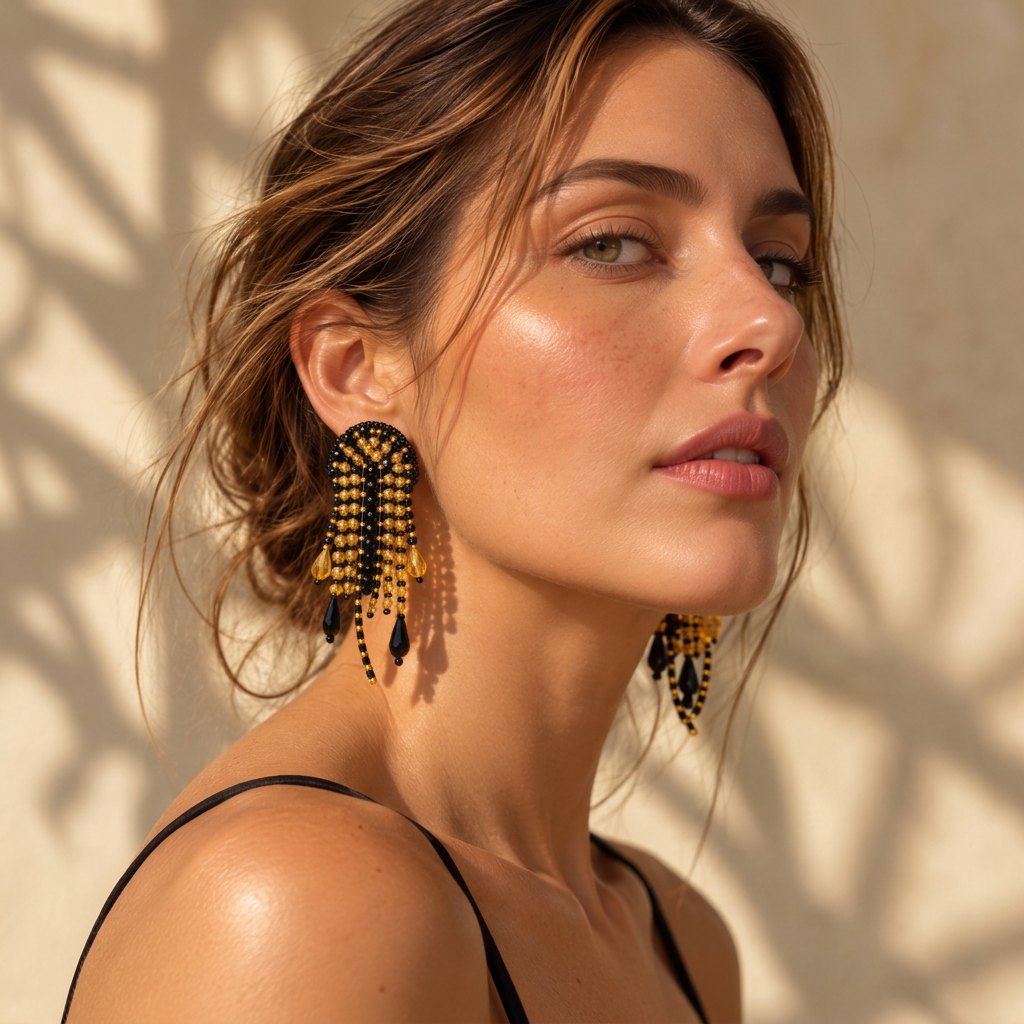 Modelo con aretes Medusa negros y dorados con flecos de cuentas y colgantes en forma de gota.