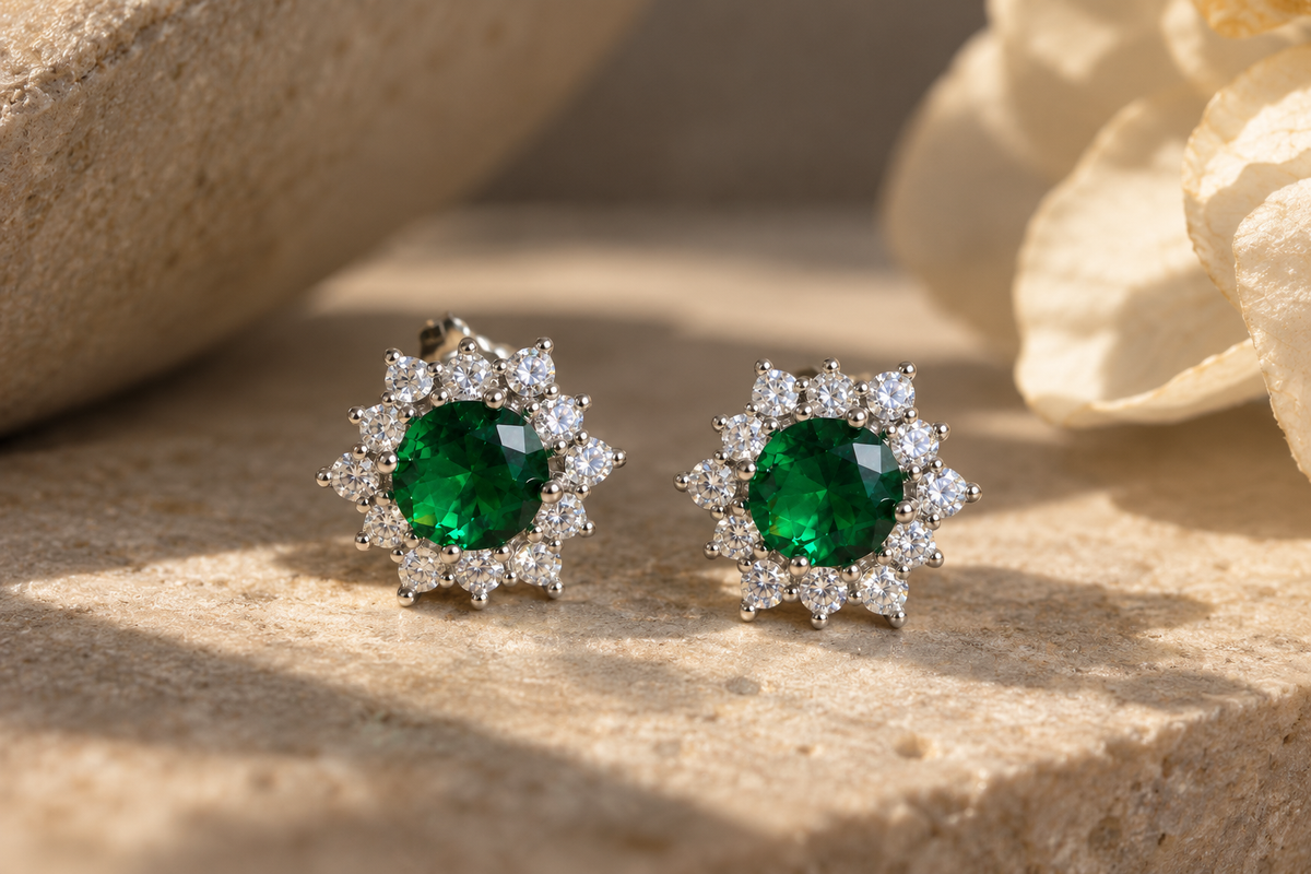 Aretes Sary con piedras redondas verdes y contorno hexagonal de piedras transparentes, sobre piedra beige.