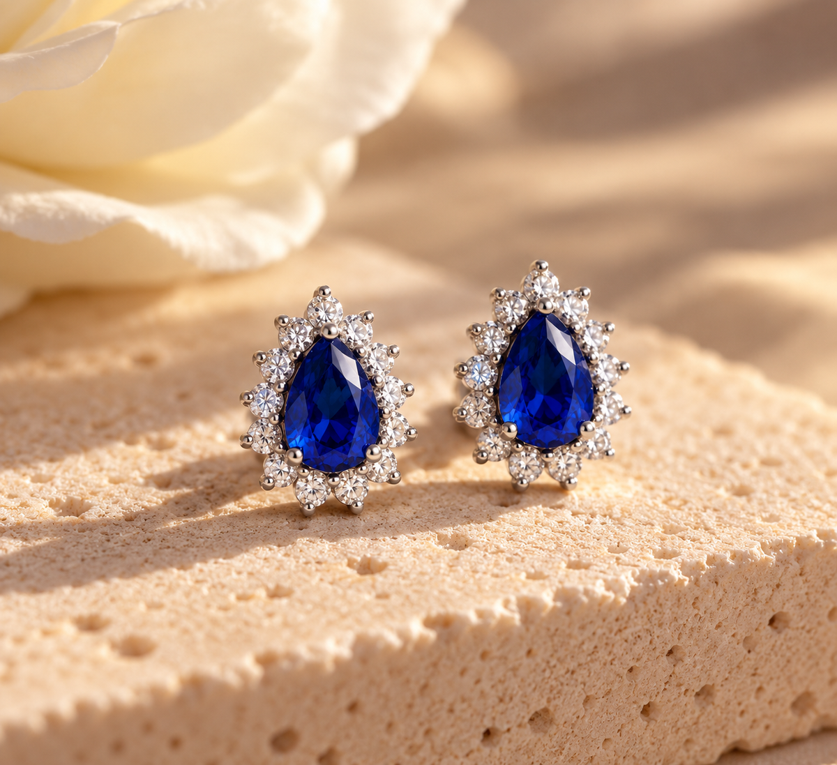 Par de aretes Coral Azul con piedras azules en forma de gota y halo de piedras transparentes, sobre piedra beige.