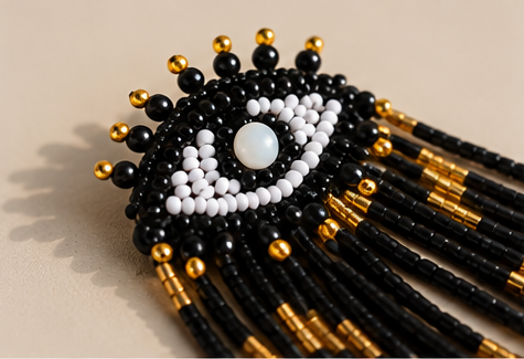 Hermosos aretes Buena suerte negros  en forma de ojos con flecos de mostacillas y cristales. 